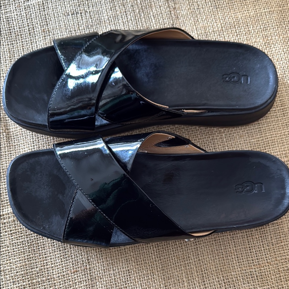 UGG Black Patent Leather Cross Strap Slides